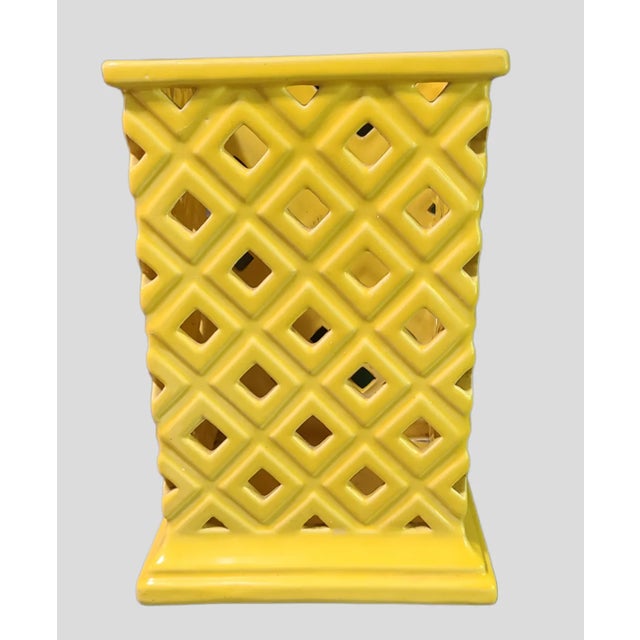 Ceramic Vintage Lattice Open Work Yellow Glazed Pottery Planter For Sale - Image 7 of 9