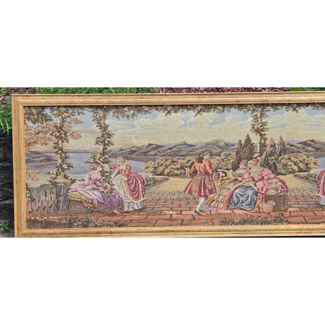 Large Vintage Framed European Hand Crafted Rococo-Style Needlepoint Tapestry Wall Hanging – Romantic Garden Scene For Sale - Image 15 of 18