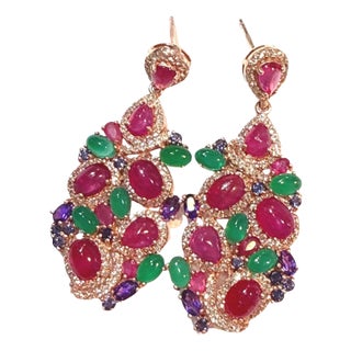 Bochic “Orient” Ruby, Green Agate & Amethyst Earrings Set In 18K Gold & Silver - a pair For Sale
