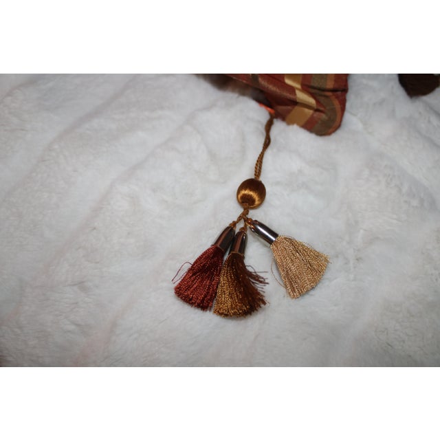 Boho Chic Pair Golden/Copper Striped Taffeta Pillows With Tassels For Sale - Image 3 of 5