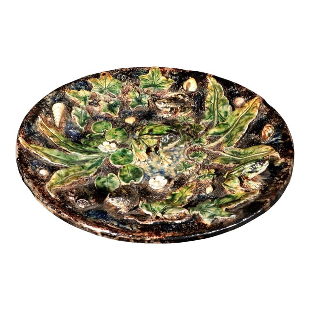 French Majolica Palissy Dish Frogs Amongst Lilies, Léon Brard For Sale