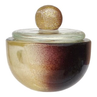 Vintage Murano Seguso Pulveri Vanity Jewelry Box Gold Flecks Dark Amethyst Italian Art Glass Jar For Sale