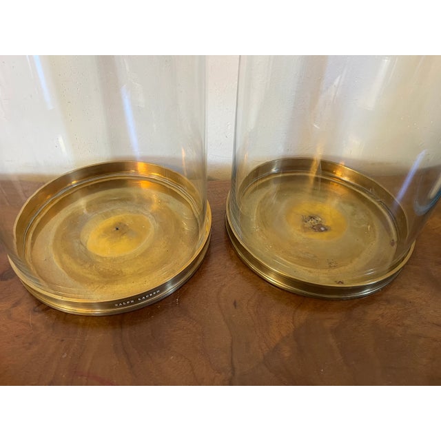 Large Ralph Lauren Brass and Glass Hurricane Pillar Candle Shades - a Pair For Sale - Image 11 of 12
