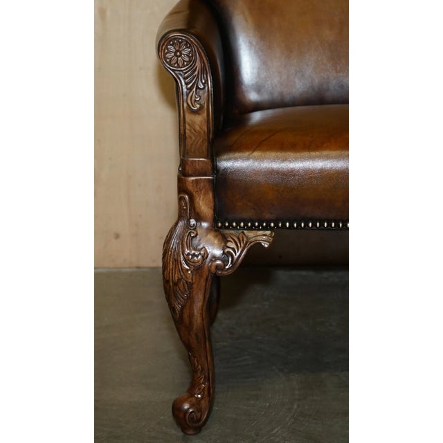 Pair of Antique Heavily Carved Hand Dyed Brown Leather Throne Armchairs For Sale - Image 15 of 18