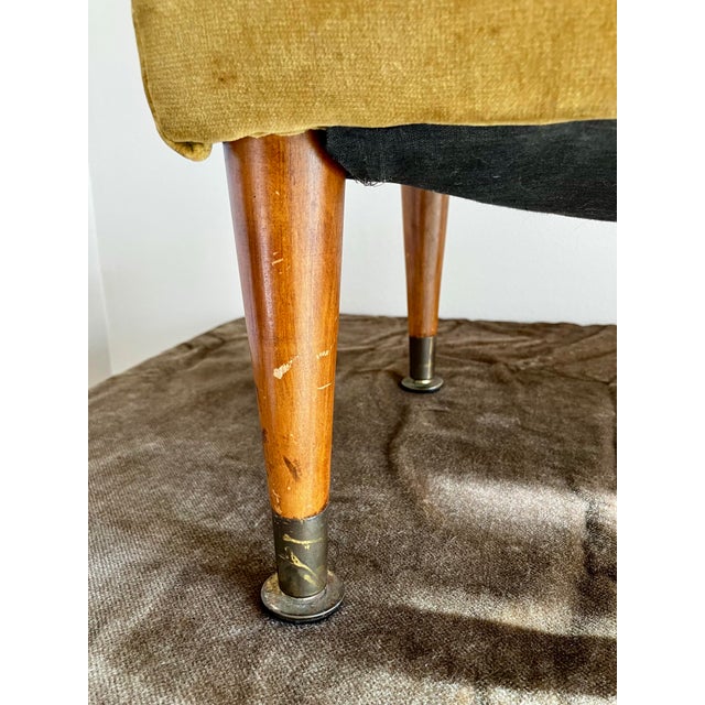 Mid-Century Modern Needlepoint & Chartreuse Velvet Footstool — Vintage Square Ottoman With Tapered Walnut Legs and Brass Ferrule Accents For Sale - Image 13 of 18