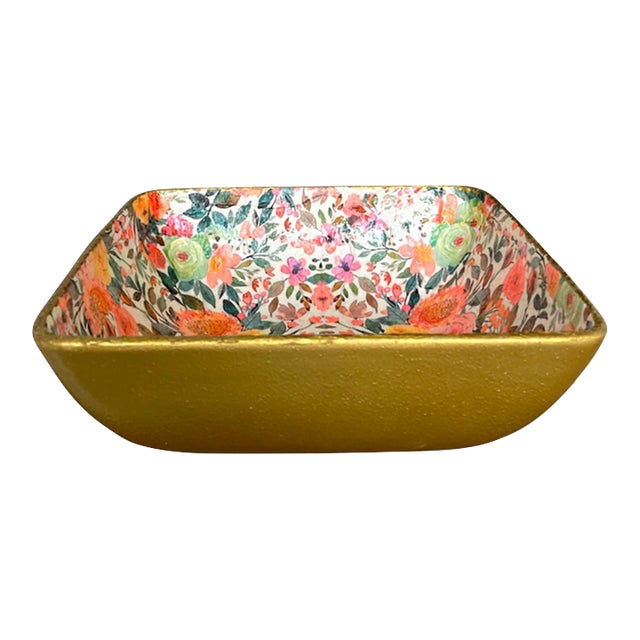 Floral Vibrant Decorative or Serving Bowl - Food Safe Resin Finish 11 in Sq For Sale