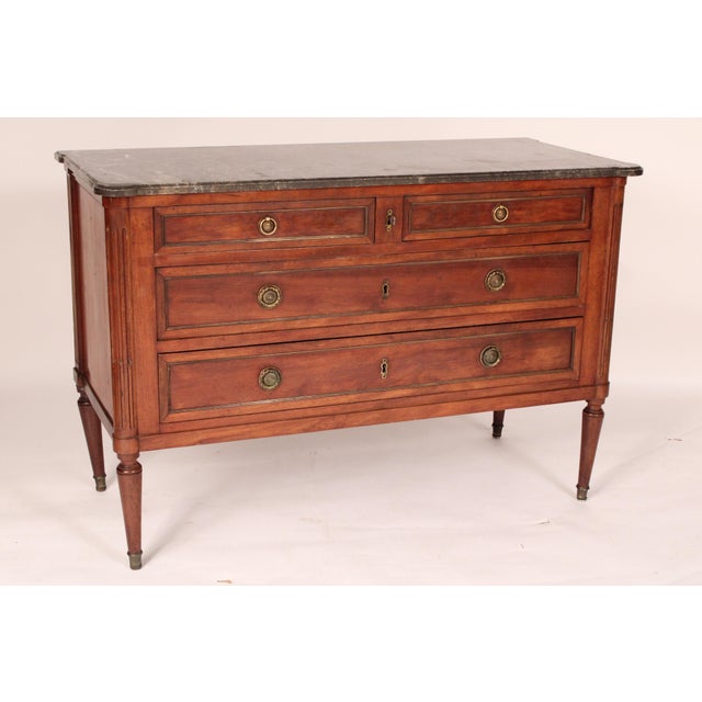 French Antique Louis XVI Style Brass Mounted Mahogany Chest of Drawers For Sale - Image 3 of 13