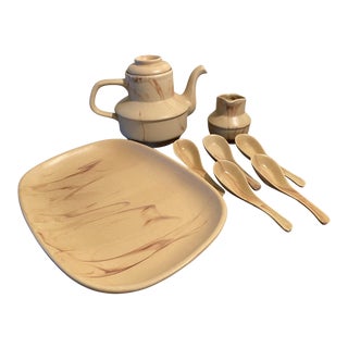 Late 1960s Mid-Century Oak Hitkari Hand-Thrown Tea Set- 8 Pieces For Sale