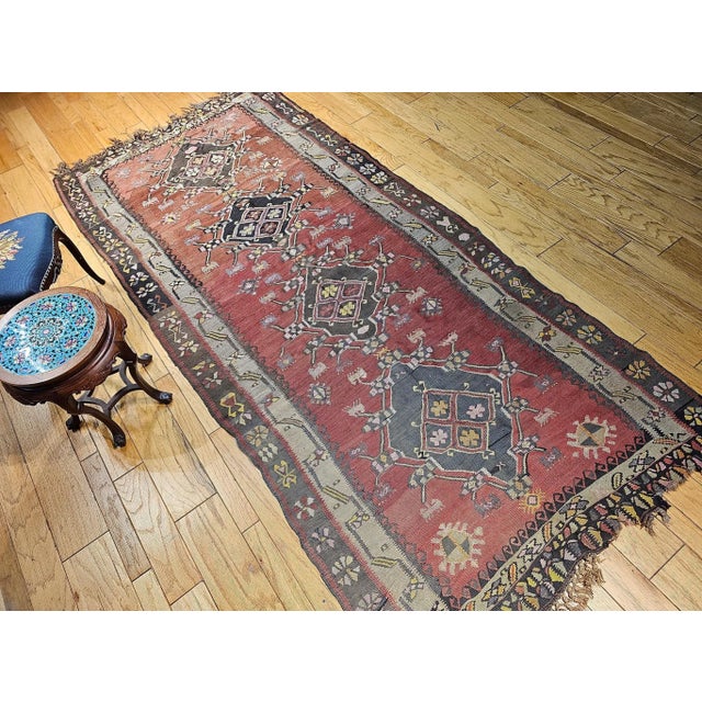 Tribal Vintage Turkish Tribal Kilim, Flat-Woven Medallion Pattern, Burgundy & Ivory, 5’ X 11’ For Sale - Image 3 of 12