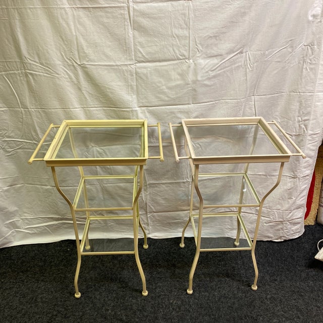 Metal Glass Shelf Side Tables - A Pair For Sale - Image 11 of 11