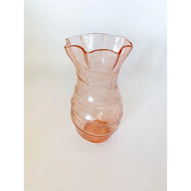 Vintage Blush Pink Murano Bubble Ruffle Edge Hand Blown Glass Swirl Vase For Sale - Image 9 of 11