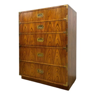 Vintage Campaign Style Five Drawer Dresser by Dixie With Brass-Toned Hardware and Dovetailed Drawers For Sale