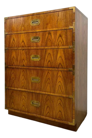 Vintage Campaign Style Five Drawer Dresser by Dixie With Brass-Toned Hardware and Dovetailed Drawers