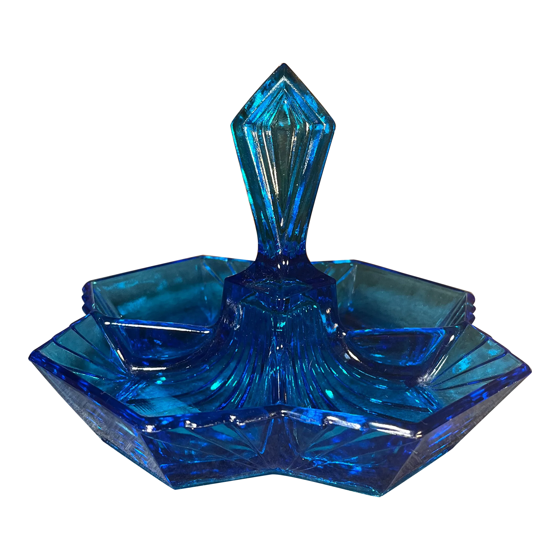 Mid 20th Century Art Deco Blue Indiana Tiara Glass Divided Dish
