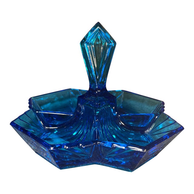 Mid 20th Century Art Deco Blue Indiana Tiara Glass Divided Dish Pyramid Handle For Sale