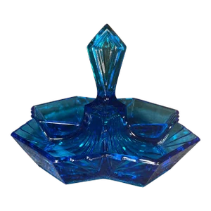 Mid 20th Century Art Deco Blue Indiana Tiara Glass Divided Dish Pyramid Handle