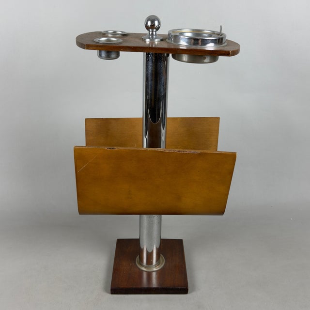 Vintage Floor Standing Ashtray Magazine Rack in Curved Wood and Chromed Metal, 1960s For Sale - Image 10 of 11
