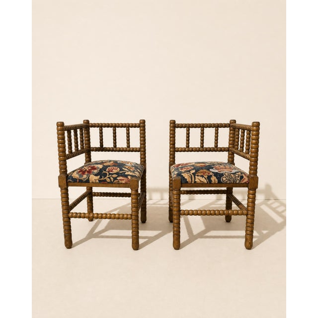 20th Century Corner Chairs in Turned Wood with Bobbins and Fabric Seats, 1950s, Set of 2 For Sale - Image 14 of 14