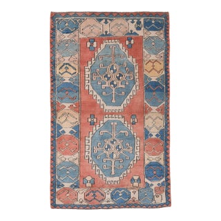 1970s Vintage Turkish Handmade Wool Cotton Orange Blue Area Rug For Sale