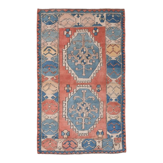 1970s Vintage Turkish Handmade Wool Cotton Orange Blue Area Rug For Sale