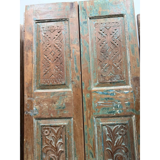 Hand-Carved Vintage Wood Double Doors – Distressed Blue Antique Barn Doors 80x32.5 For Sale - Image 4 of 6