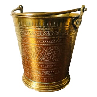 Charming Geometric Etched Vintage Brass Water Bucket For Sale