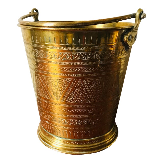 Charming Geometric Etched Vintage Brass Water Bucket For Sale