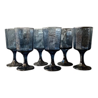1980s Textured Octagonal Dusky Blue Cobalt Water Glass Goblets - Set of 6 For Sale
