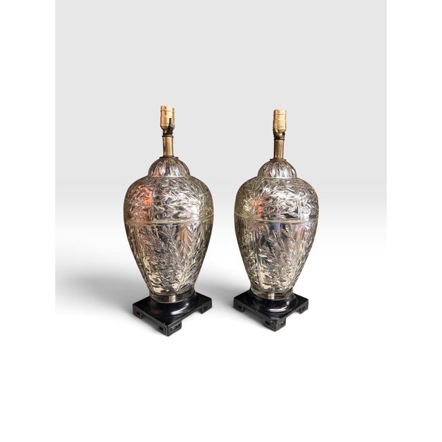 Glass Vintage Silvered Glass Botanical Table Lamps on Chinoiserie Bases - a Pair For Sale - Image 7 of 7