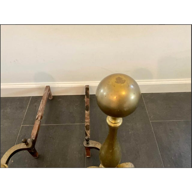Early 20th Century Vintage Cannonball Brass Andirons—a Pair For Sale - Image 5 of 6