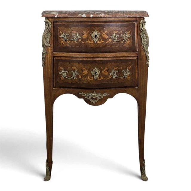 Small Louis XV Style Commode with Marquetry and Red Marble Top For Sale - Image 11 of 11