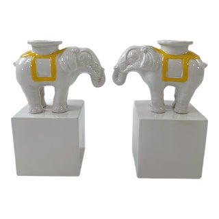Mid Century Italian "Palm Beach Style" Majolica Elephant Candlestick Holders - a Pair For Sale
