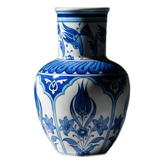 Handmade Ceramic Vase (20cm) – Classic Blue & White Tulips with Petal Collar – Traditional Iznik Decor For Sale