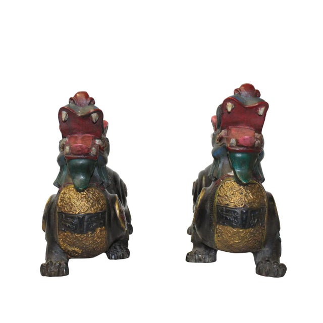 This is a pair of traditional oriental Chinese Pixiu figures made of metal and covered with colorful pigment paint. Pixiu...