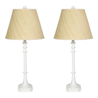 Late 20th Century Tall White Gesso Table Lamps With Shades - a Pair For Sale