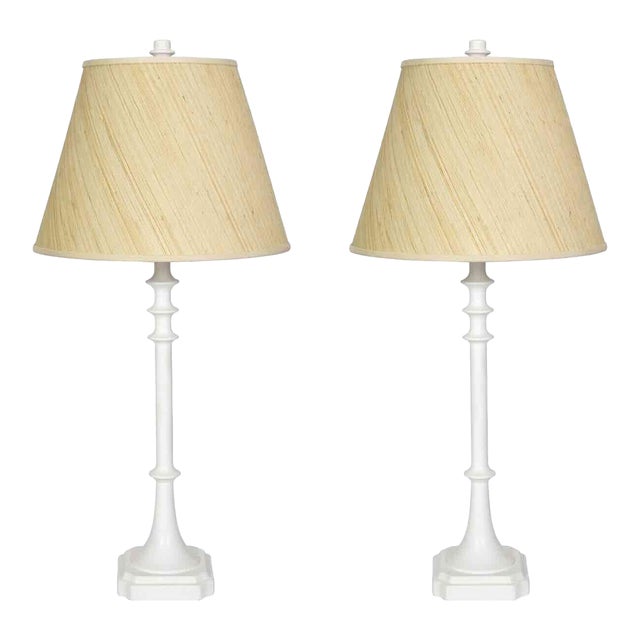 Late 20th Century Tall White Gesso Table Lamps With Shades - a Pair For Sale