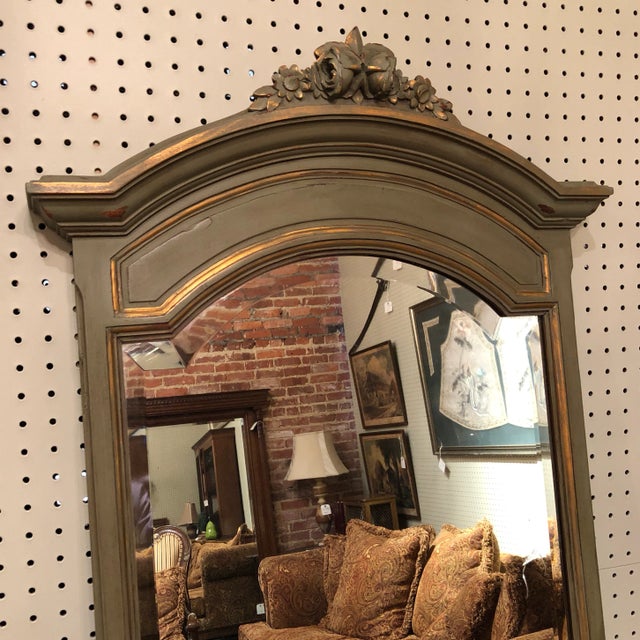 Antique 19th Century Hand Carved French Louis XV Rococo Mirror with Shaped & Beveled Plate Mirror. Frame is Hand Painted...