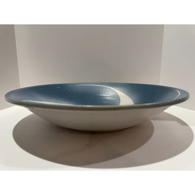 Large 17" Studio Pottery Bowl Signed Hughes Blue Sprayed Glaze Tomoe Swirl 1980s For Sale In Atlanta - Image 6 of 10