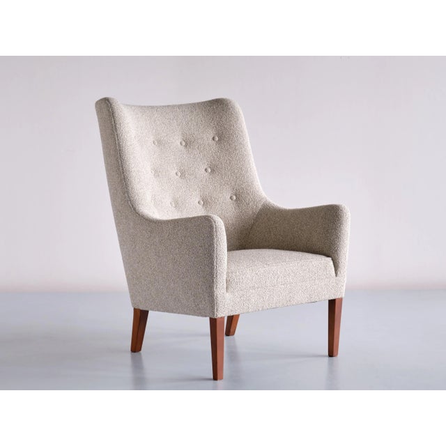 1940s Set of Bouclé & Mahogany High Back Armchairs by Jacob Kjær, Denmark, 1940s For Sale - Image 5 of 14