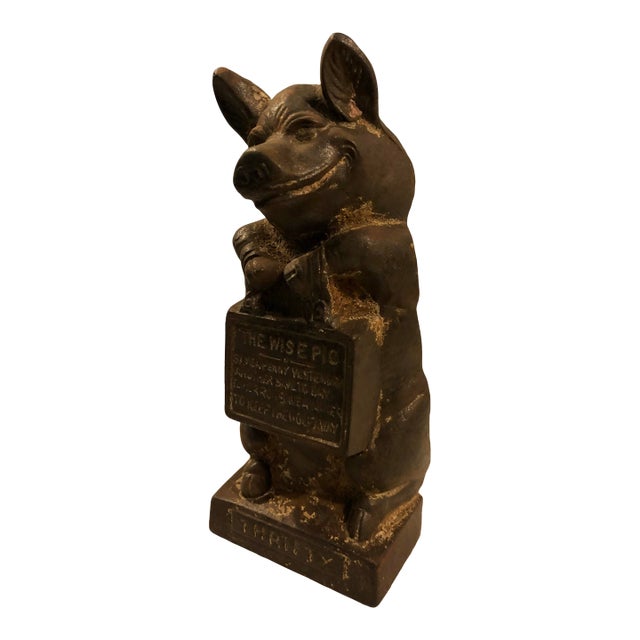 1950s Cast Iron “Thrifty the Wise Pig” Doorstop / Bookend For Sale