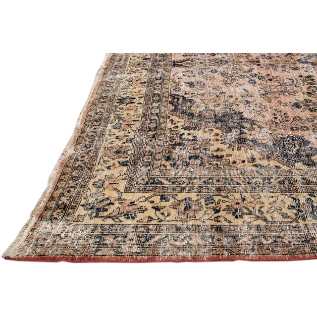 Vintage Persian Distressed Peach Handmade Floral Wool Rug For Sale - Image 4 of 7