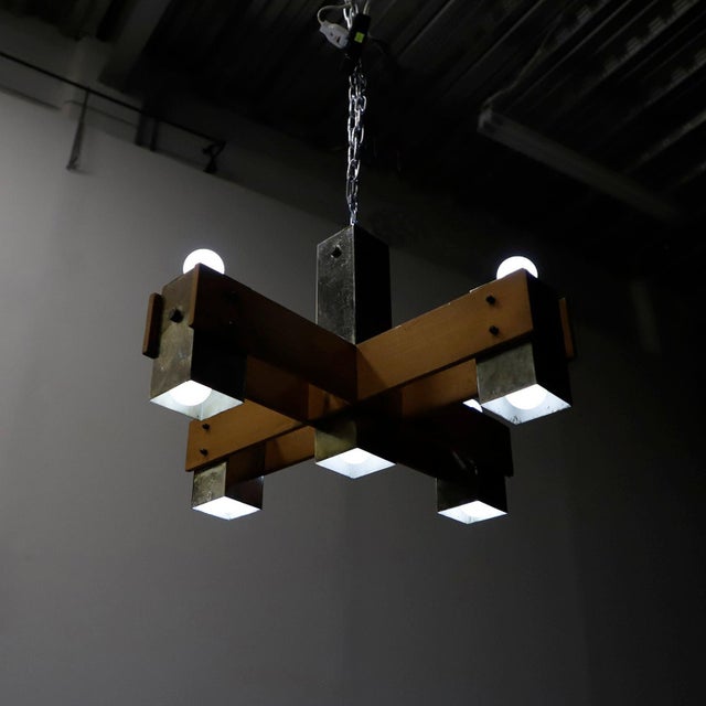 Pair of Mid Century Modern Wood & Chrome Hanging Chandeliers For Sale - Image 11 of 18