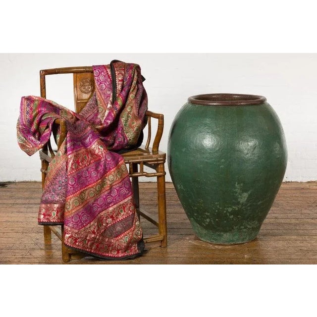 Asian Large Thai 1950s Green Glazed Ceramic Planter with Brown Lip & Tapering Body For Sale - Image 3 of 13
