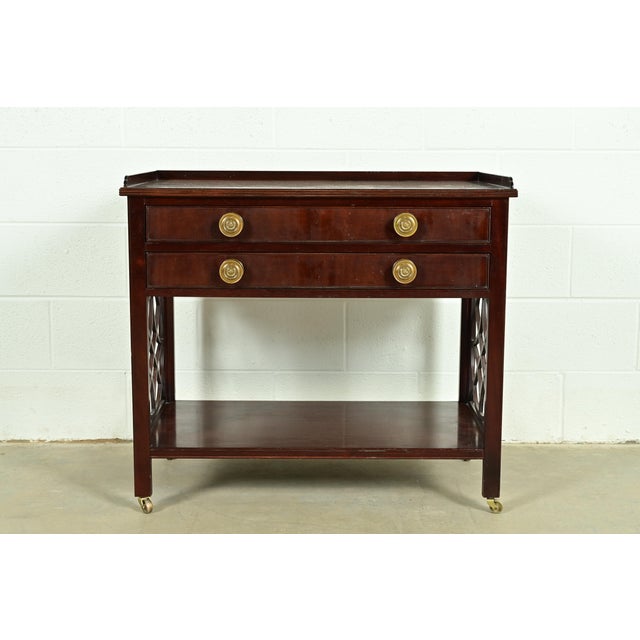 English Baker Furniture Historic Charleston Chippendale Carved Mahogany Rolling Buffet Server or Bar Cart For Sale - Image 3 of 12