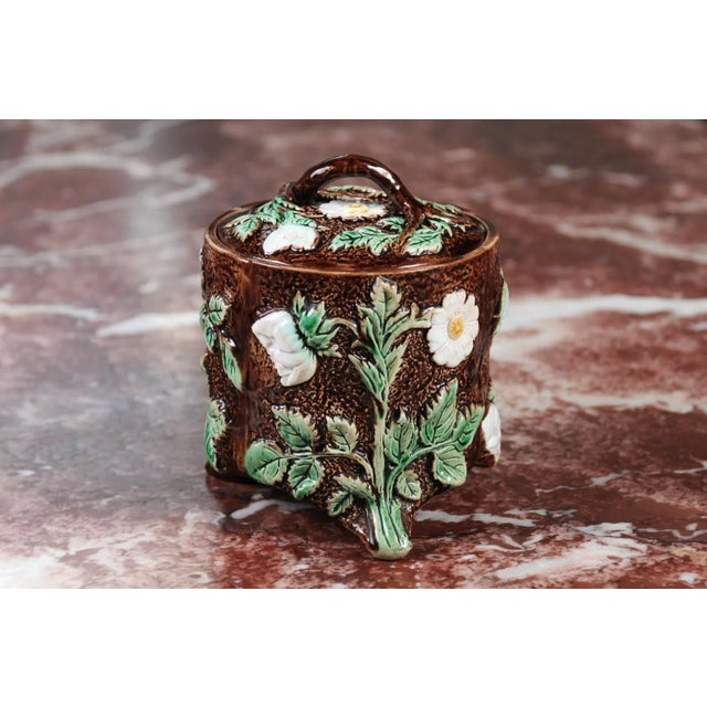 Brown French 19th Century Brown Majolica Lidded Jar with Moulded Floral Décor For Sale - Image 8 of 12