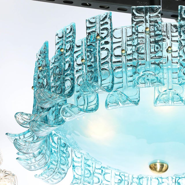 Modernist Hand-Blown Aquamarine Murano Glass Chandelier With Frosted Diffuser For Sale - Image 9 of 18