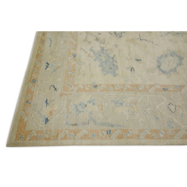 Modern Early 21st Century Cream & Blue Floral Design Handwoven Wool Turkish Oushak Rug 8'2" X 10'6" For Sale - Image 3 of 8