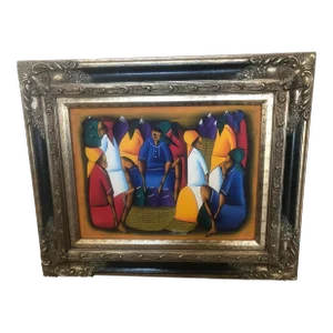 Haitian Black Folk Art Figurative Painting Signed Fritzner, Framed