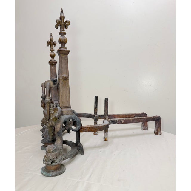 Bronze Large Pair of Antique Ornate Victorian Bronze Dolphin Cherub Fireplace Andirons For Sale - Image 8 of 14