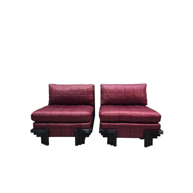 Textile Late 20th Century Postmodern Lounge Chairs With Stepped Black Lacquer Bases by Interior Crafts For Sale - Image 7 of 11